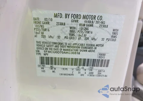 2010 Ford Escape Xlt z USA, uszkodzony, nr VIN 1FMCU0D70AKC30518